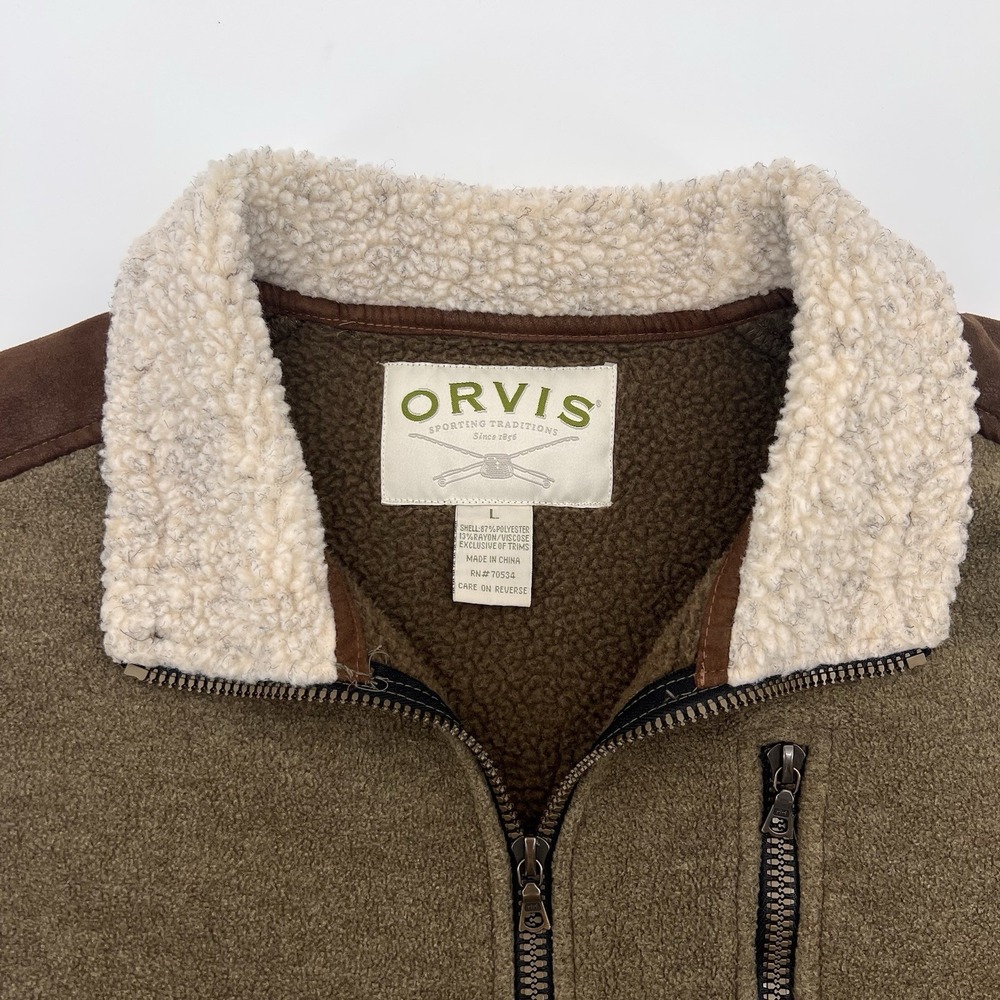 Orvis Vest Mens Large Brown Green Fleece Faux Leather Trim Sherpa Collar Pocket - Picture 3 of 6